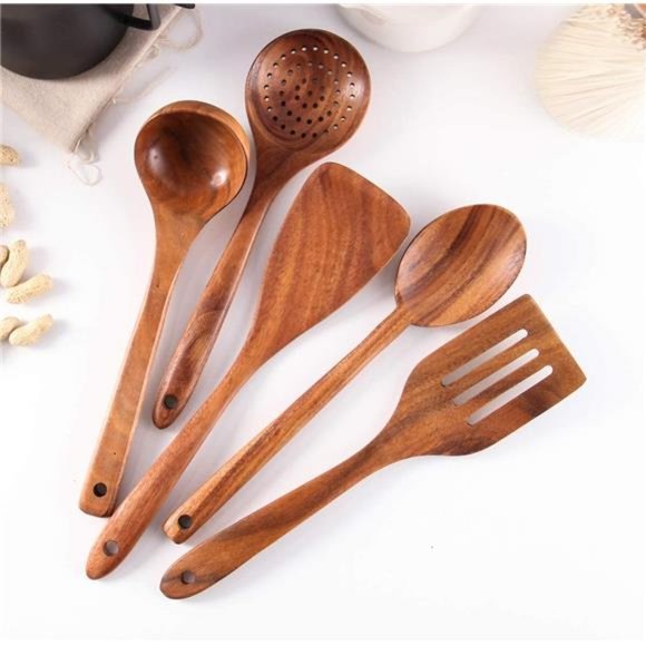Wooden Spoons for Cooking, Tmkit Cooking Utensils Set of 6 Natural Teak Wooden - Picture 3 of 6